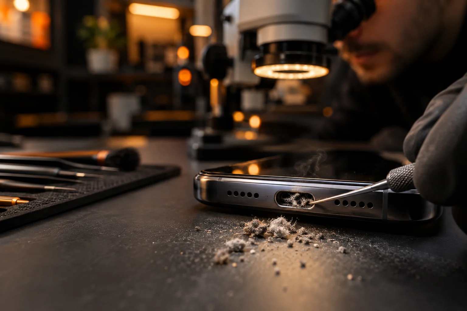 Nettoyage professionnel d’un connecteur de charge de smartphone encrassé, sous microscope